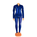 R&G Boutique women's denim suit featuring a stylish denim jacket and matching jeans, casual fashion look.