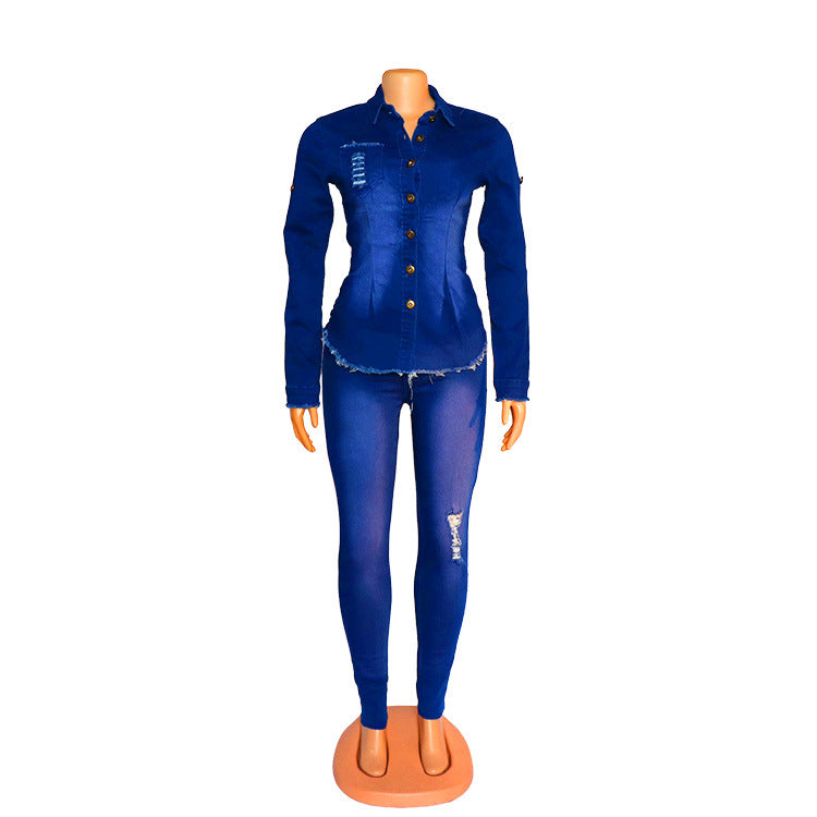 R&G Boutique women's denim suit featuring a stylish denim jacket and matching jeans, casual fashion look.