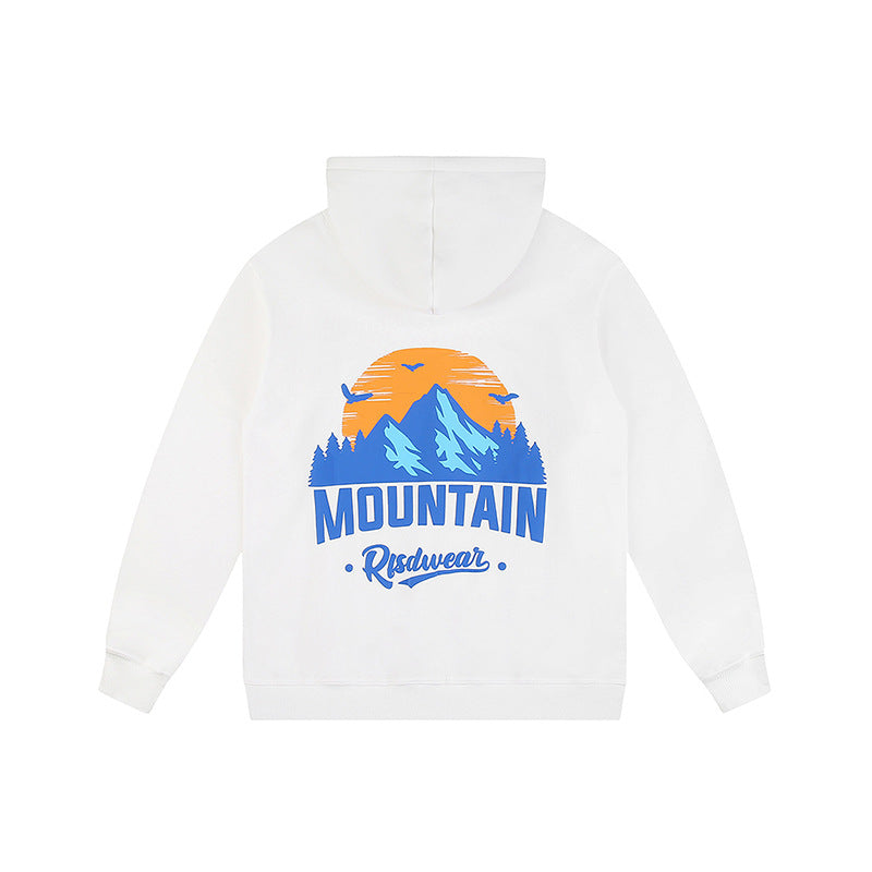 Men's loose hoodie with mountain foam print from R&G Boutique, featuring a casual fit and soft fabric in a relaxed style.