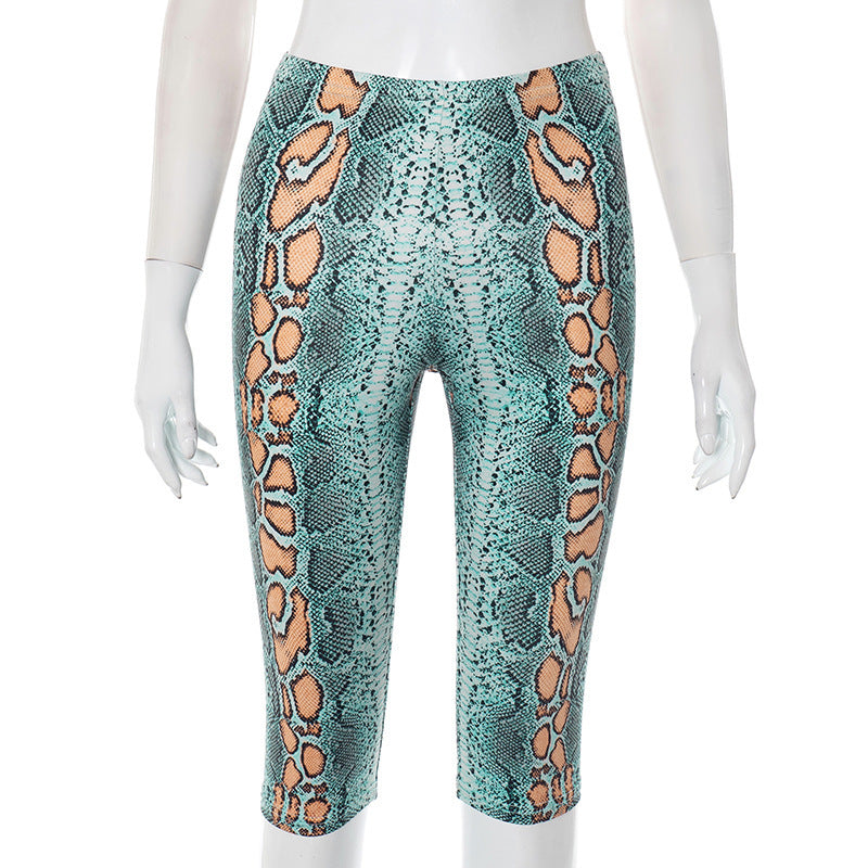 Women's Sexy Python Print Fitted Straight Leg Biker Shorts Pants