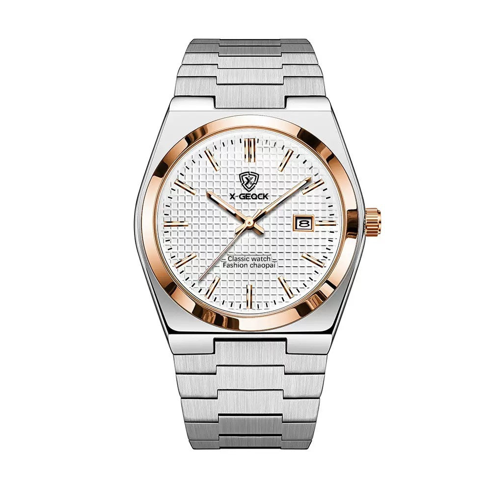 Men's Swiss Quartz Watch with butterfly clasp from R&G Boutique, featuring a sleek dial and stainless steel band.