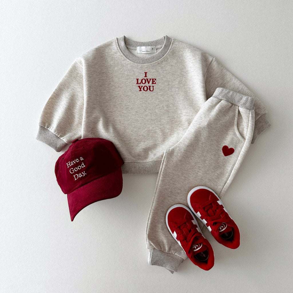 Kids' embroidered letter love comfortable sweater and two-piece suit by R&G Boutique, featuring colorful letter embroidery on soft fabric.