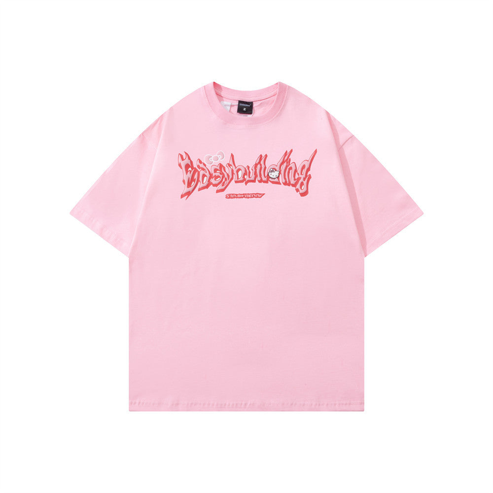 Letter print short-sleeve T-shirt made of heavy cotton from R&G Boutique, featuring bold letter designs on the front.