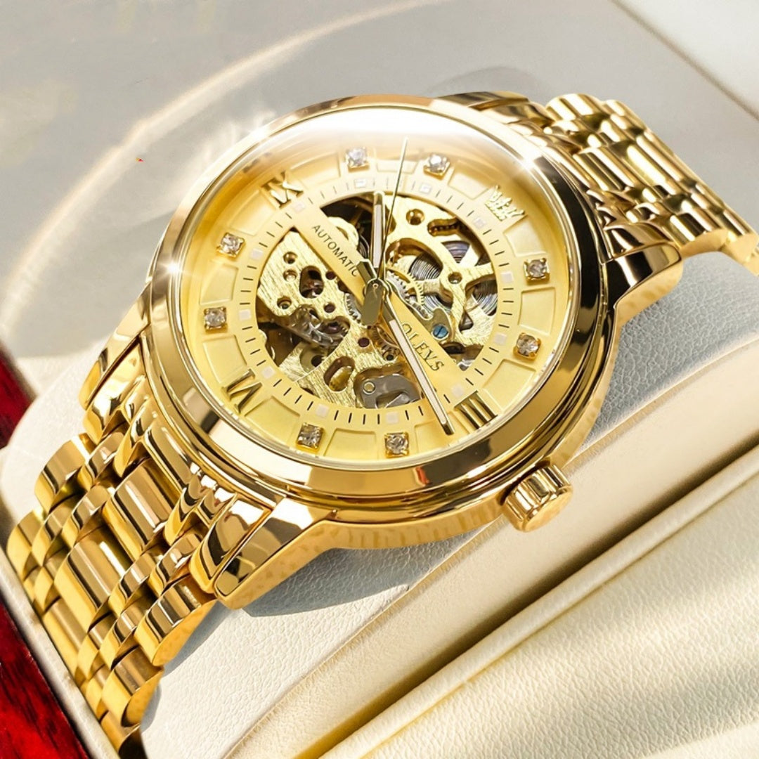 Men's automatic mechanical hollowing watch by R&G Boutique with a sleek round dial and visible movement.