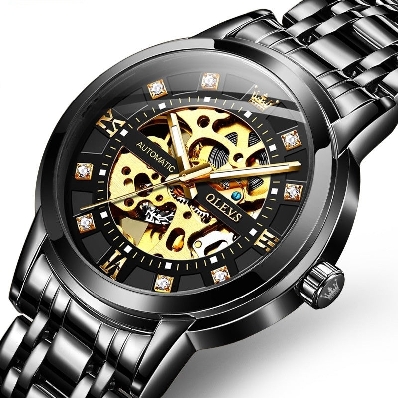 Men's automatic mechanical hollowing watch by R&G Boutique featuring a transparent dial and stainless steel band.