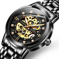 Men's automatic mechanical hollowing watch by R&G Boutique featuring a transparent dial and stainless steel band.