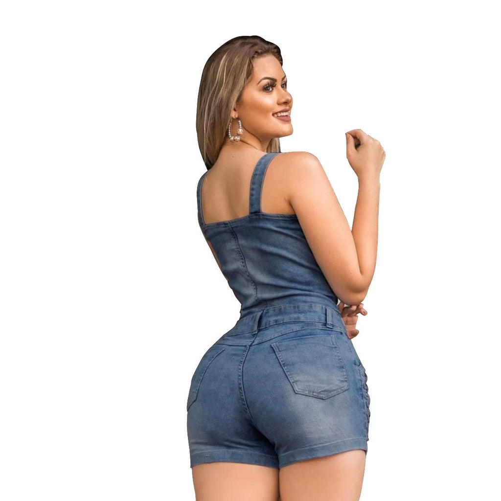 Slim denim jumpsuit from All Season Gifts featuring a fitted design and classic blue wash, displayed on a mannequin.