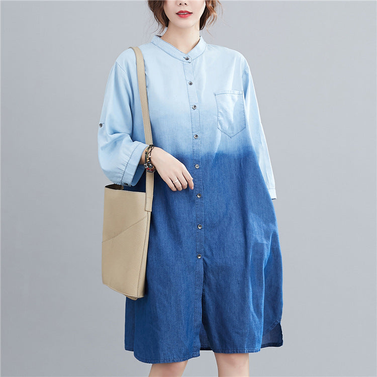 Gradient denim shirt by R&G Boutique featuring a stylish fade design, long sleeves, and classic collar for casual wear.