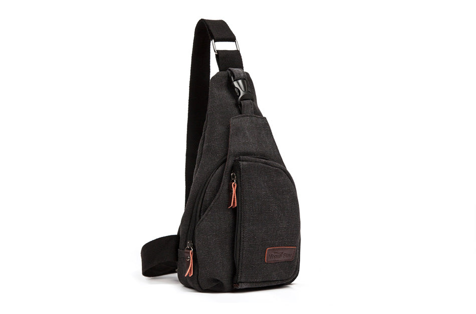 Casual men's chest pack made of canvas, worn as a crossbody bag for shoulder or hand carry, by R&G Boutique.