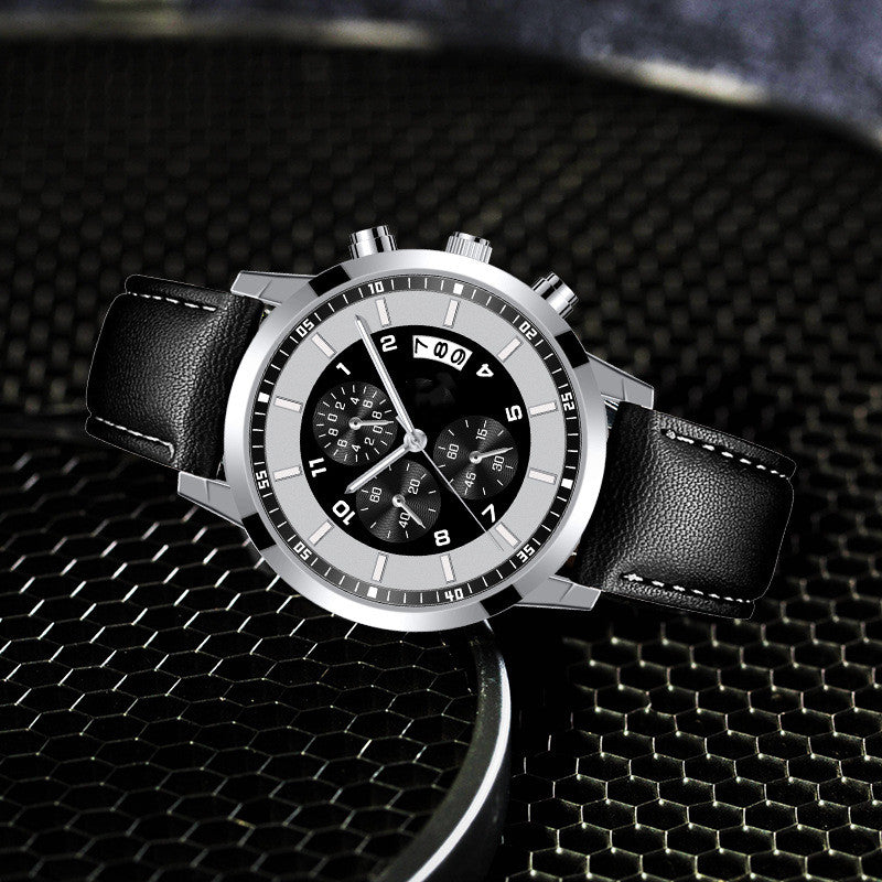 Men's alloy quartz watch with luminous dial and calendar display, stylish business timepiece from R&G Boutique.