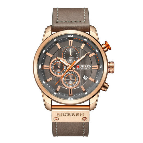 Men's quartz watch with black dial and stainless steel band from R&G Boutique, showing the watch face and strap details.