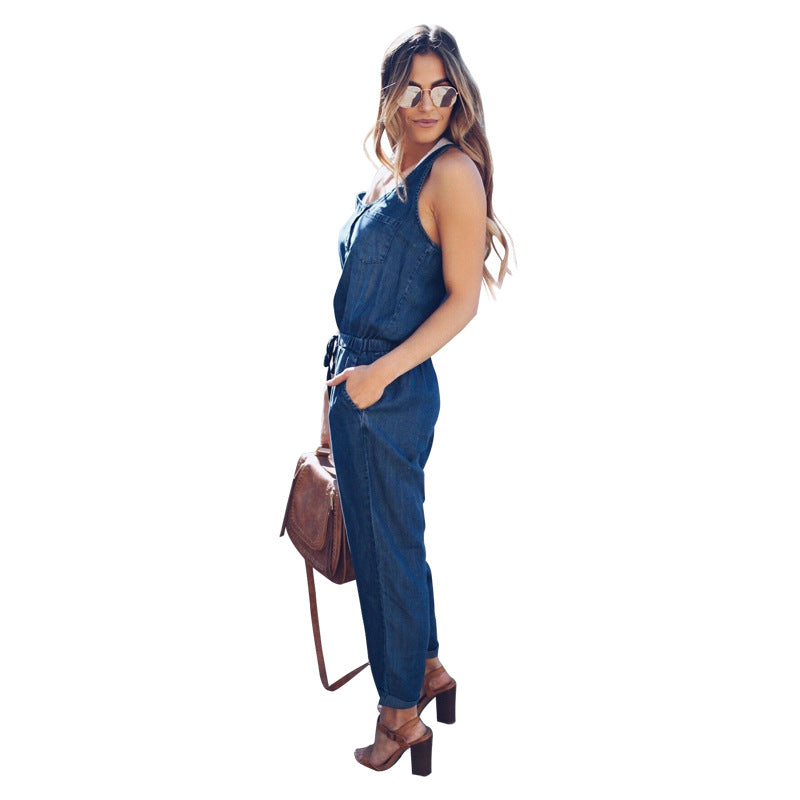 R&G Boutique denim sleeveless jumpsuit with wide-leg pants and front pockets, displayed on a hanger against a neutral background.