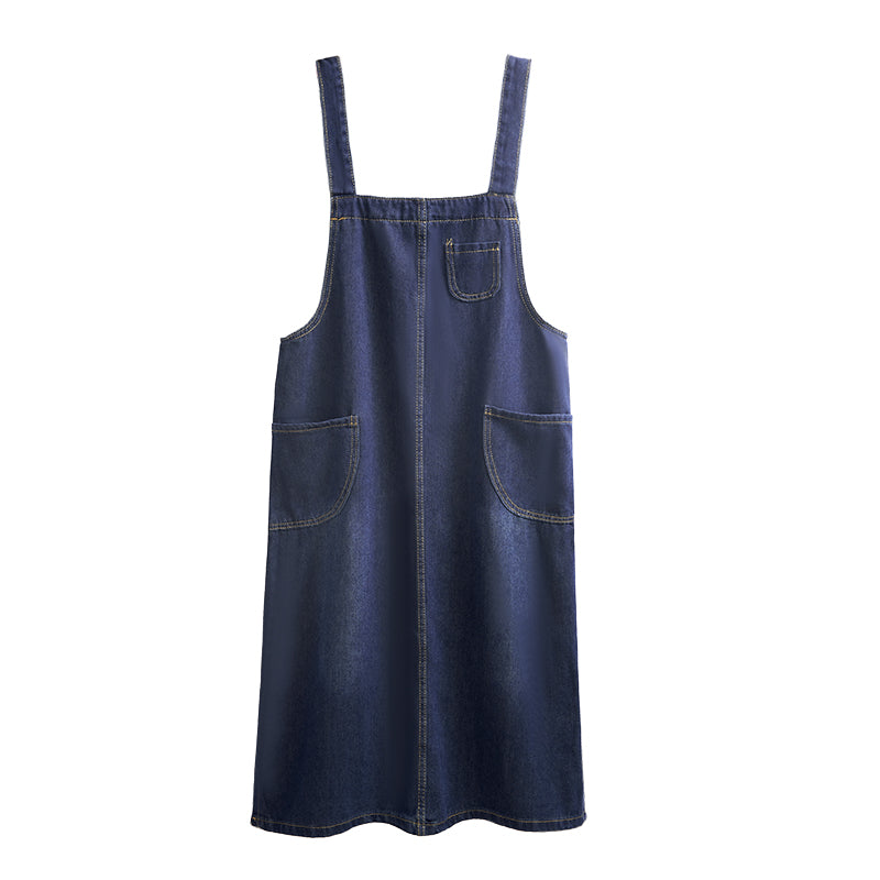 R&G Boutique denim suspenders skirt shown on a model, featuring a classic blue denim fabric and adjustable suspenders.