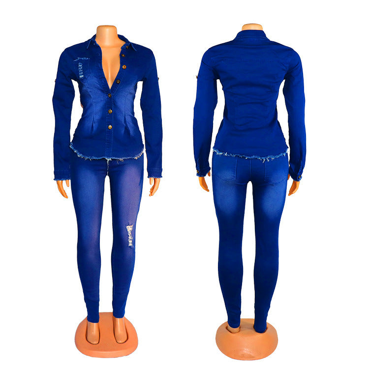 Women's denim suit by R&G Boutique featuring a stylish denim jacket and matching jeans, perfect for casual fashion.