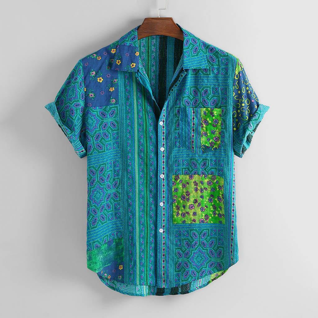 Men's Hawaiian print short-sleeved shirt with retro clan style design, featuring vibrant tropical floral patterns and a lapel collar.
