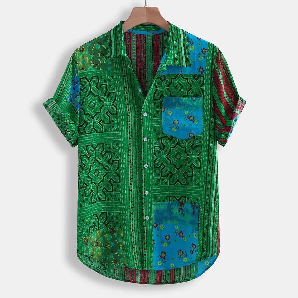 R&G Boutique men's Hawaiian print short-sleeved shirt with retro clan style, featuring colorful tropical floral design and lapel collar.