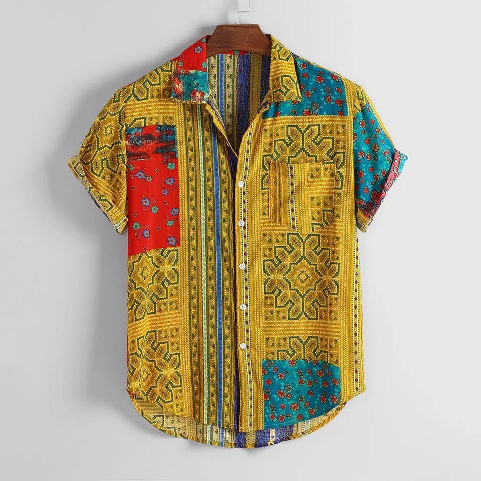R&G Boutique men's Hawaiian print short-sleeved shirt with retro clan style, featuring colorful floral and tropical patterns.