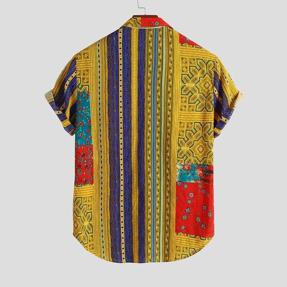 R&G Boutique men's Hawaiian print short-sleeved shirt with retro clan style, featuring colorful floral and tropical motifs.