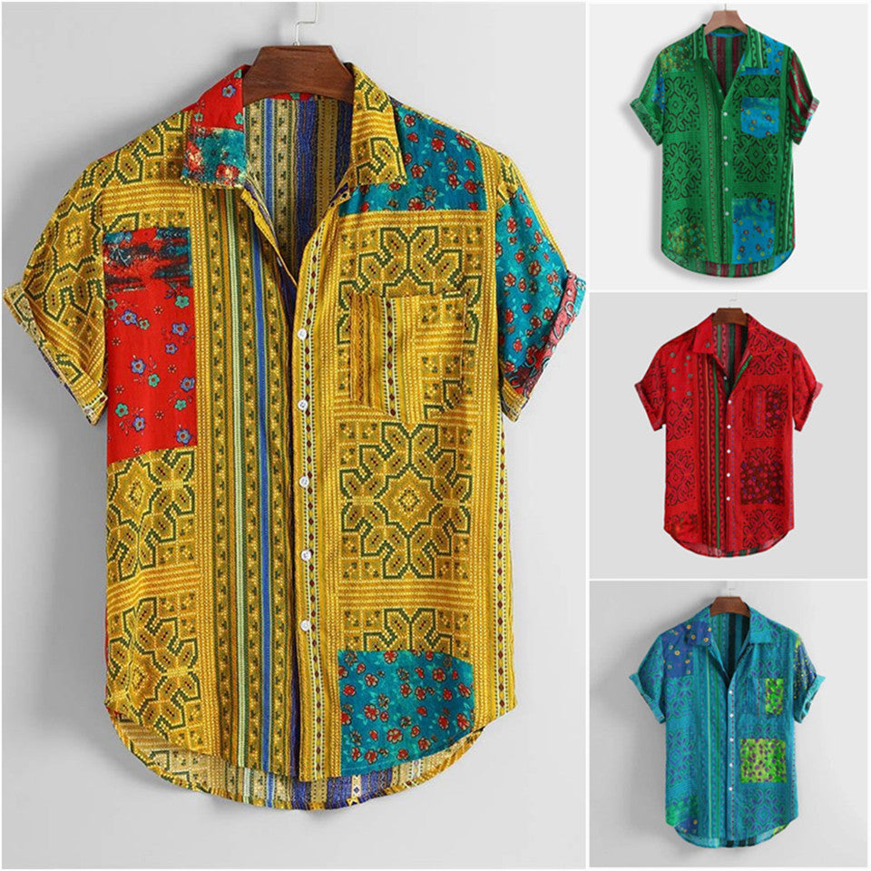 Men's Hawaiian print short-sleeved shirt with retro clan style lapel from R&G Boutique, featuring vibrant summer floral design.