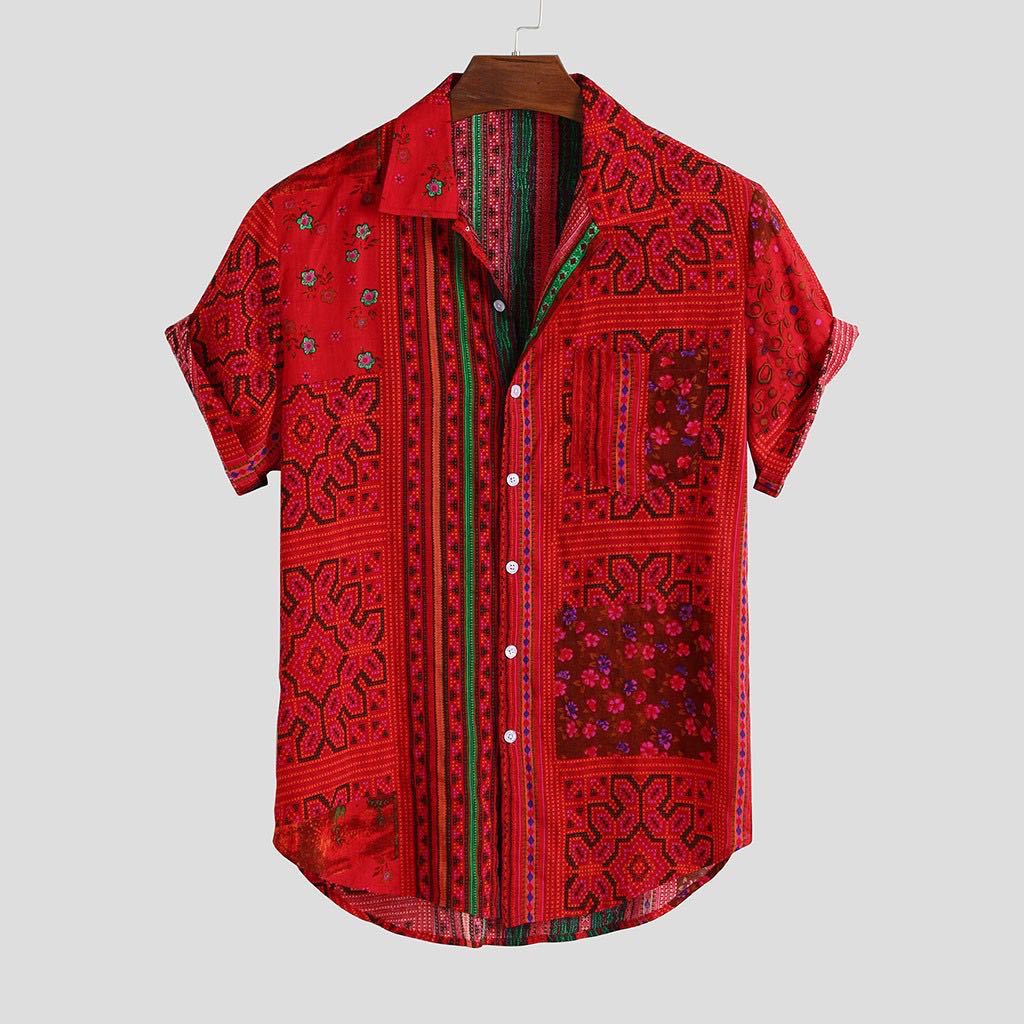 Men's Hawaiian print short-sleeved shirt with retro clan style, featuring vibrant summer floral design and lapel collar by R&G Boutique