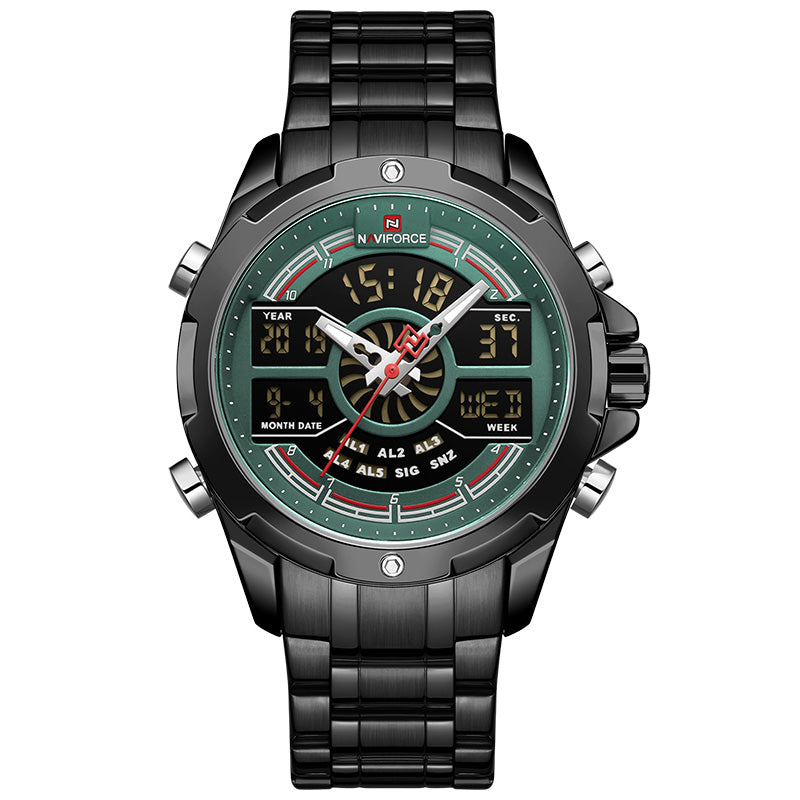 R&G Boutique men's multifunctional sports and leisure watch with digital and analog displays on a black strap.