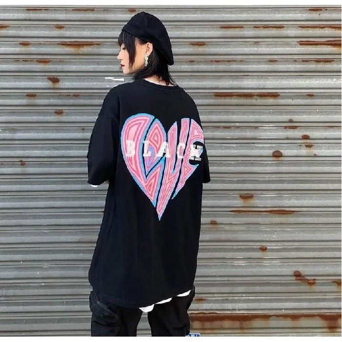 R&G Boutique Love print cotton short sleeve T-shirt with heart design, casual crew neck tee for everyday wear
