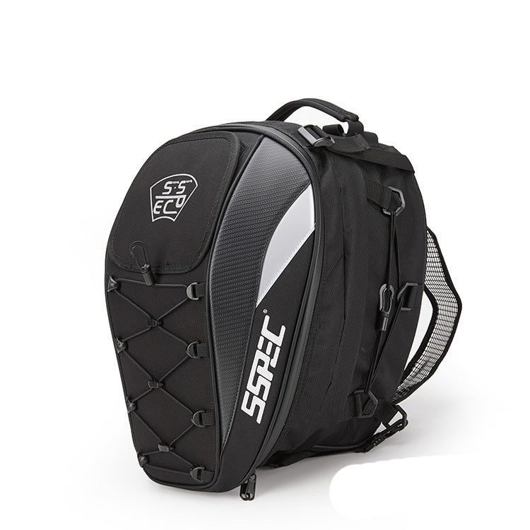 Waterproof motorcycle backpack with racing-style storage for touring and riding, featuring sturdy straps and spacious compartments.