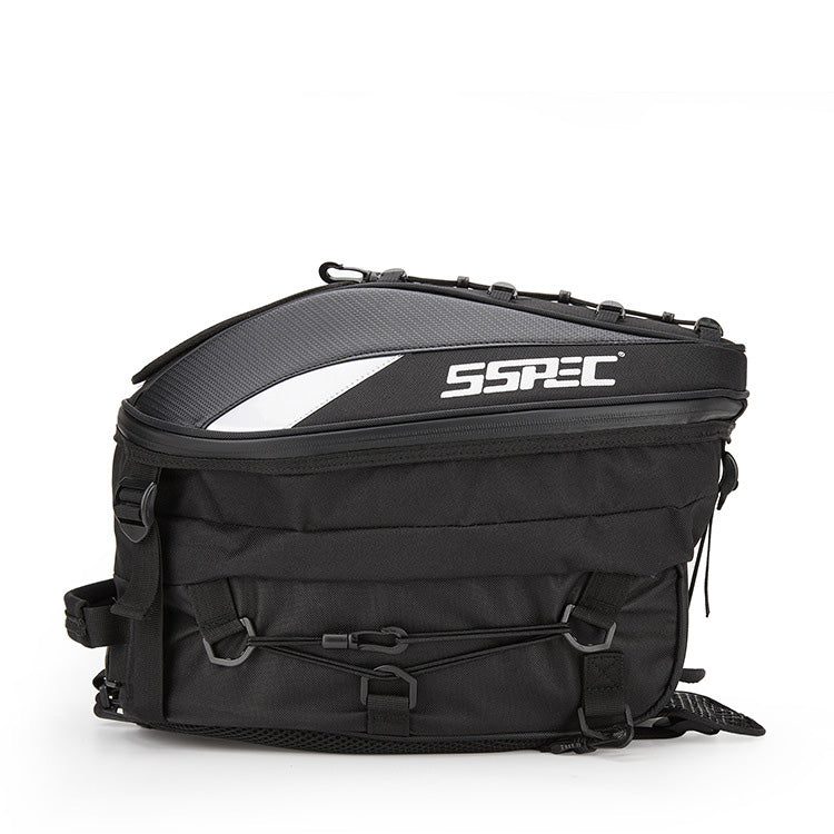 Waterproof R&G Boutique motorcycle backpack riding racing luggage bag with storage compartments on a motorbike.
