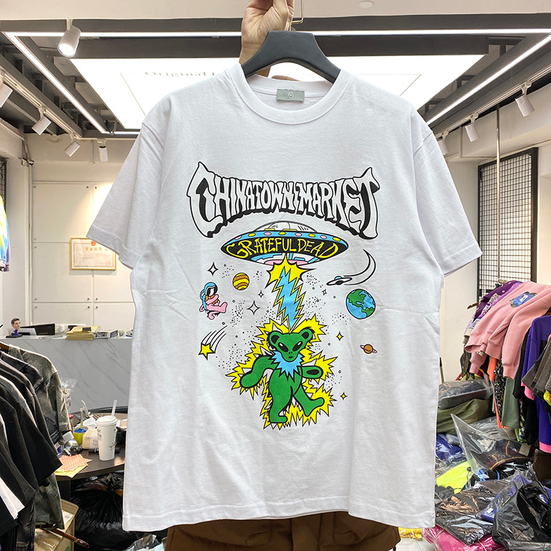 R&G Boutique Star Man cartoon print short sleeve t-shirt featuring a vibrant star-themed graphic design.