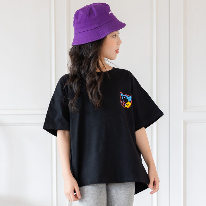 Colorful cartoon irregular short-sleeved top for kids, trendy and comfortable, by R&G Boutique, casual apparel for big kids.