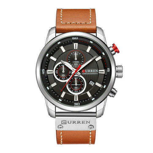 Men's quartz watch with black leather strap and silver dial, stylish timepiece by R&G Boutique.
