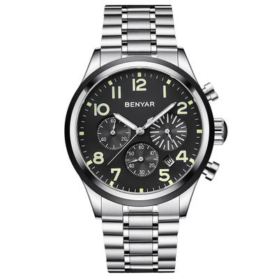 Men's quartz watch with black dial and silver case from R&G Boutique, showcasing a sleek and stylish timepiece.
