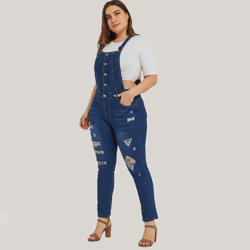 Ripped denim overalls from R&G Boutique featuring distressed details and adjustable straps, casual and trendy for everyday wear.