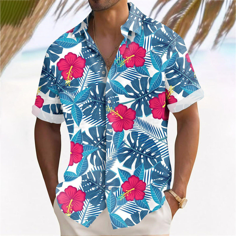 Men's Hawaii Beach print shirt by R&G Boutique featuring casual tropical design with vibrant floral and palm tree patterns.