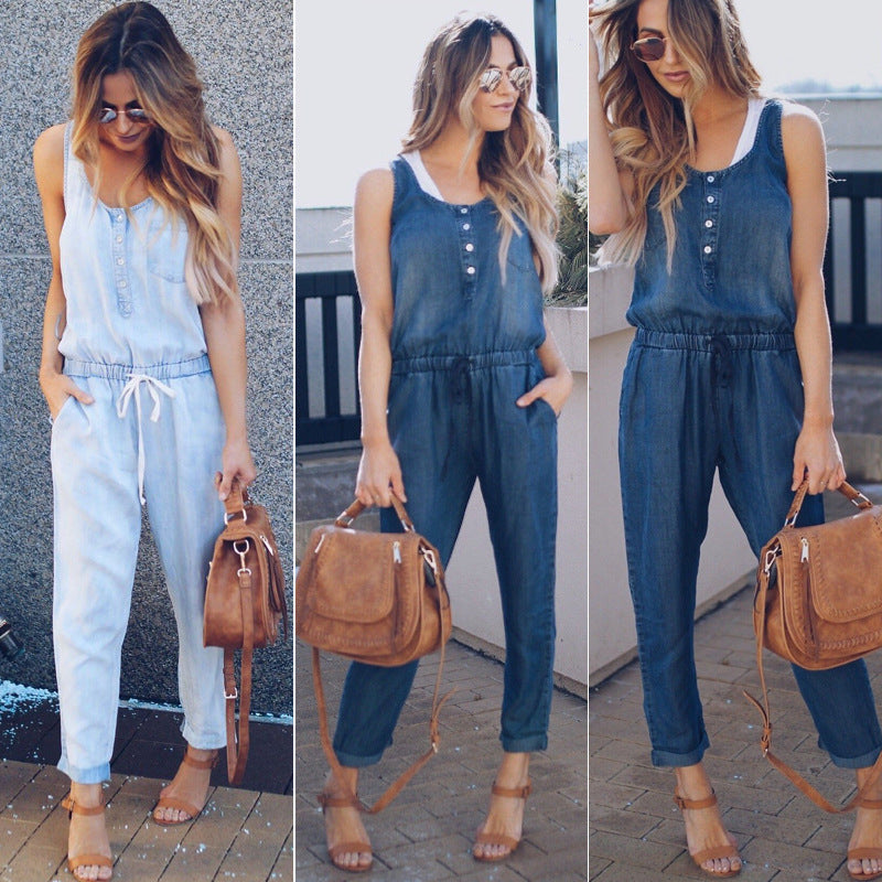 R&G Boutique denim sleeveless jumpsuit with wide-leg pants and adjustable straps, styled for casual wear.