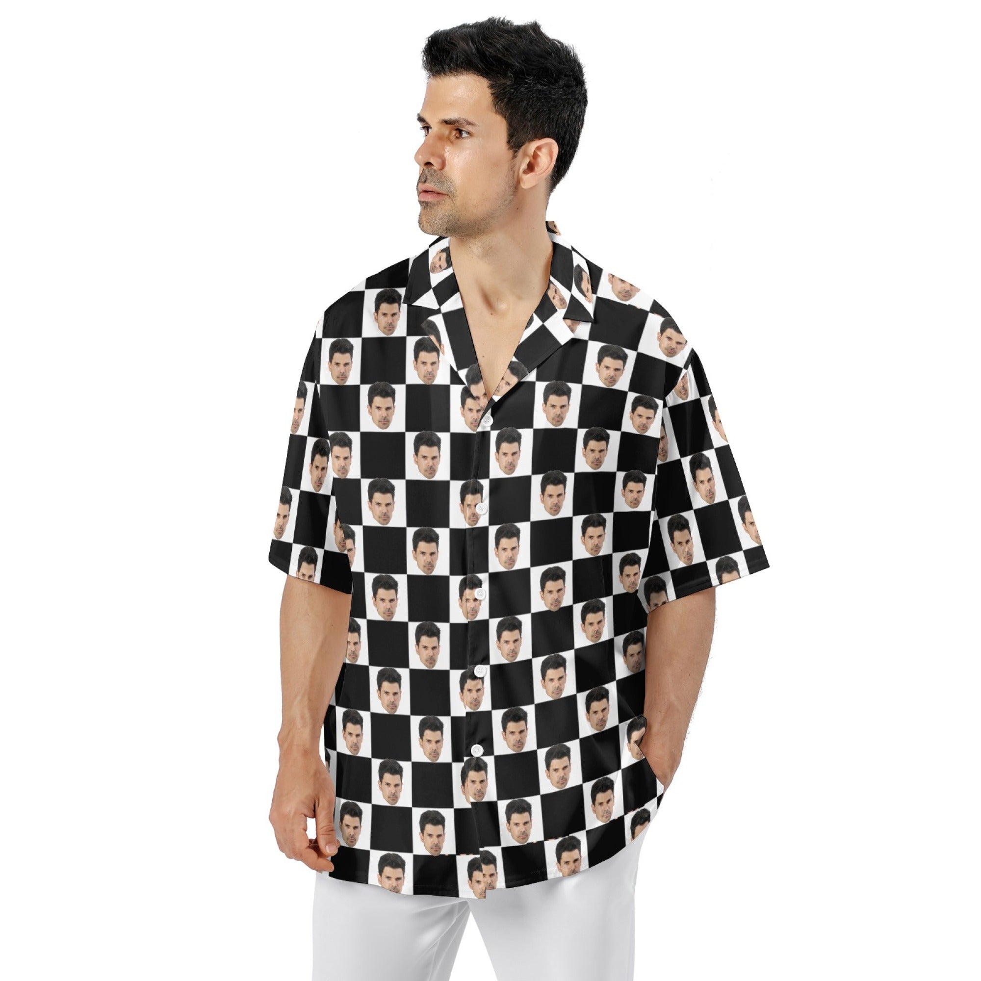 Custom face print shirt from R&G Boutique featuring a personalized face design on a casual shirt.