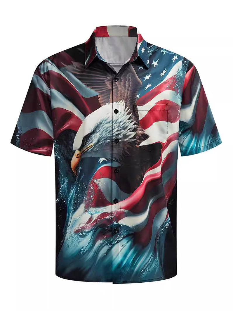 Casual R&G Boutique Hawaiian shirt with colorful flag and animal print, featuring a relaxed fit and short sleeves.