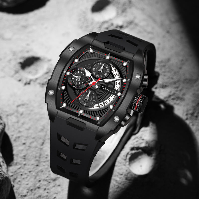 Luminous waterproof curved screen barrel-shaped quartz watch by R&G Boutique showing the watch face with glow-in-the-dark features.
