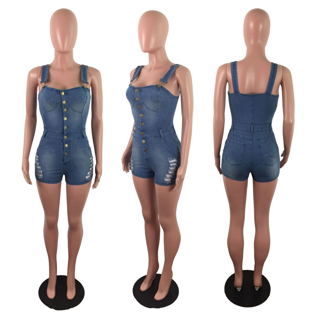 Slim-fit denim jumpsuit by All Season Gifts featuring a classic design and front pockets, displayed on a mannequin.