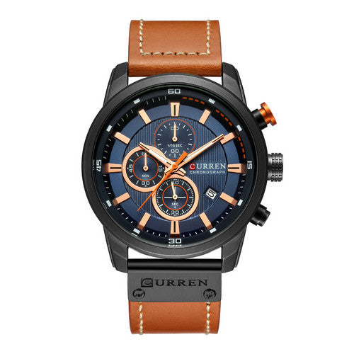 Men's quartz watch with black leather strap and silver round dial, stylish timepiece from R&G Boutique.