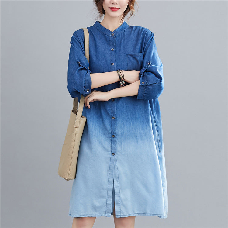 Gradient denim shirt from R&G Boutique, featuring a stylish blue-to-light fade, long sleeves, and classic collar.