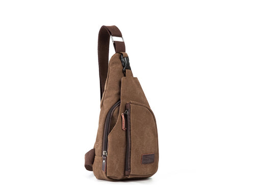 Casual men's canvas chest pack with crossbody strap and shoulder handle, designed by R&G Boutique, featuring a practical and stylish bag.