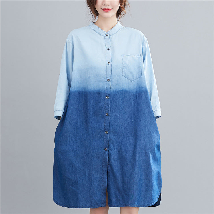 Gradient denim shirt by R&G Boutique, featuring a stylish blue-to-light wash gradient design on a casual denim fabric.