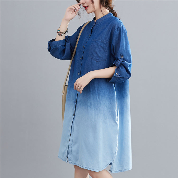 Gradient denim shirt by R&G Boutique, featuring a stylish blue-to-light wash design with button-front and collar details.