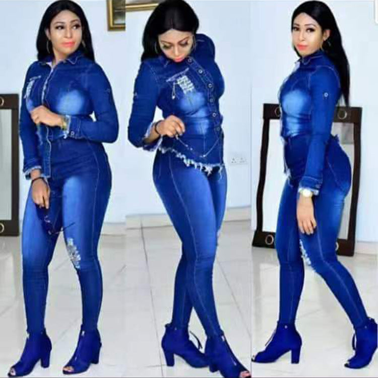 R&G Boutique women's denim fashion suit featuring a stylish denim jacket and matching jeans, casual and trendy for everyday wear.