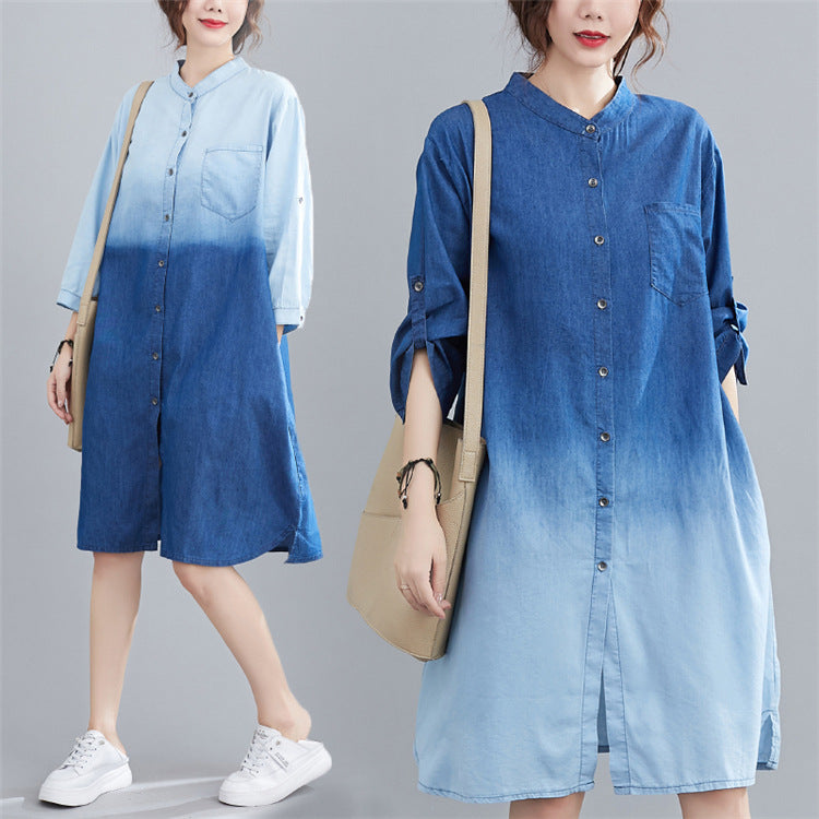 Gradient denim shirt from R&G Boutique, featuring a stylish blue-to-light fade, long sleeves, and classic collar.