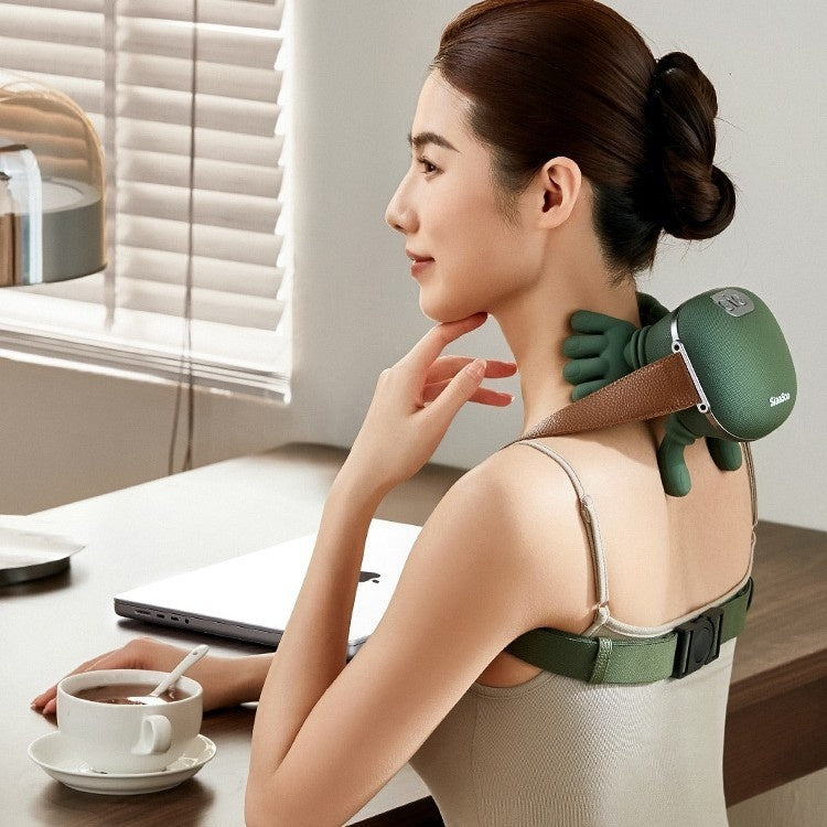 Wireless electric neck and shoulder muscle massager from R&G Boutique, showing the device with massage nodes on a person's neck and shoulders.