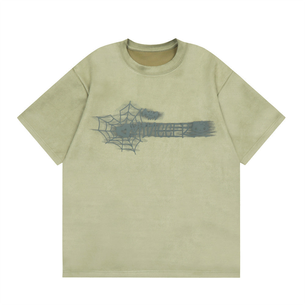 Short-sleeve spider web letter print T-shirt from R&G Boutique featuring a black fabric with white spider web and letter designs.