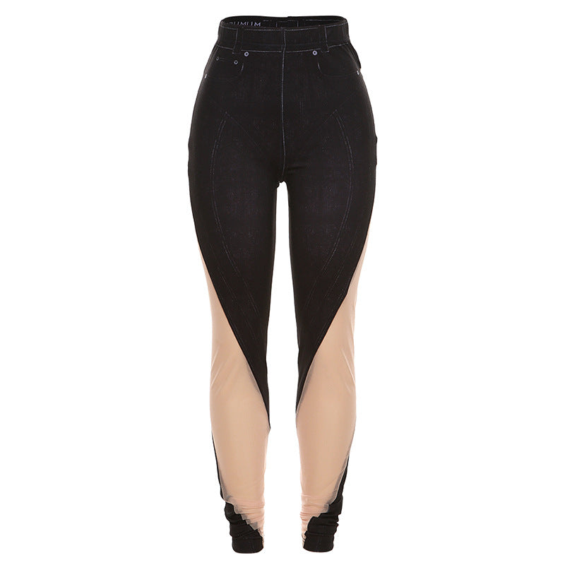 Autumn Women's New Sexy Mesh Perspective Panel Print High Waist Tight Casual Pants