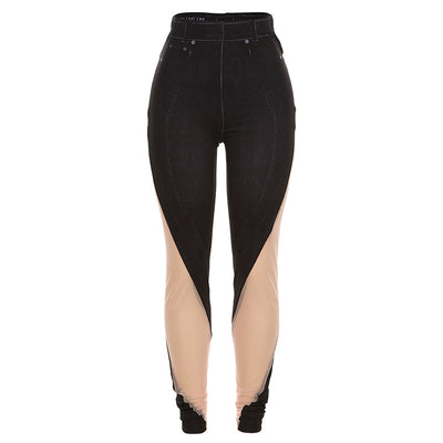 Autumn Women's New Sexy Mesh Perspective Panel Print High Waist Tight Casual Pants